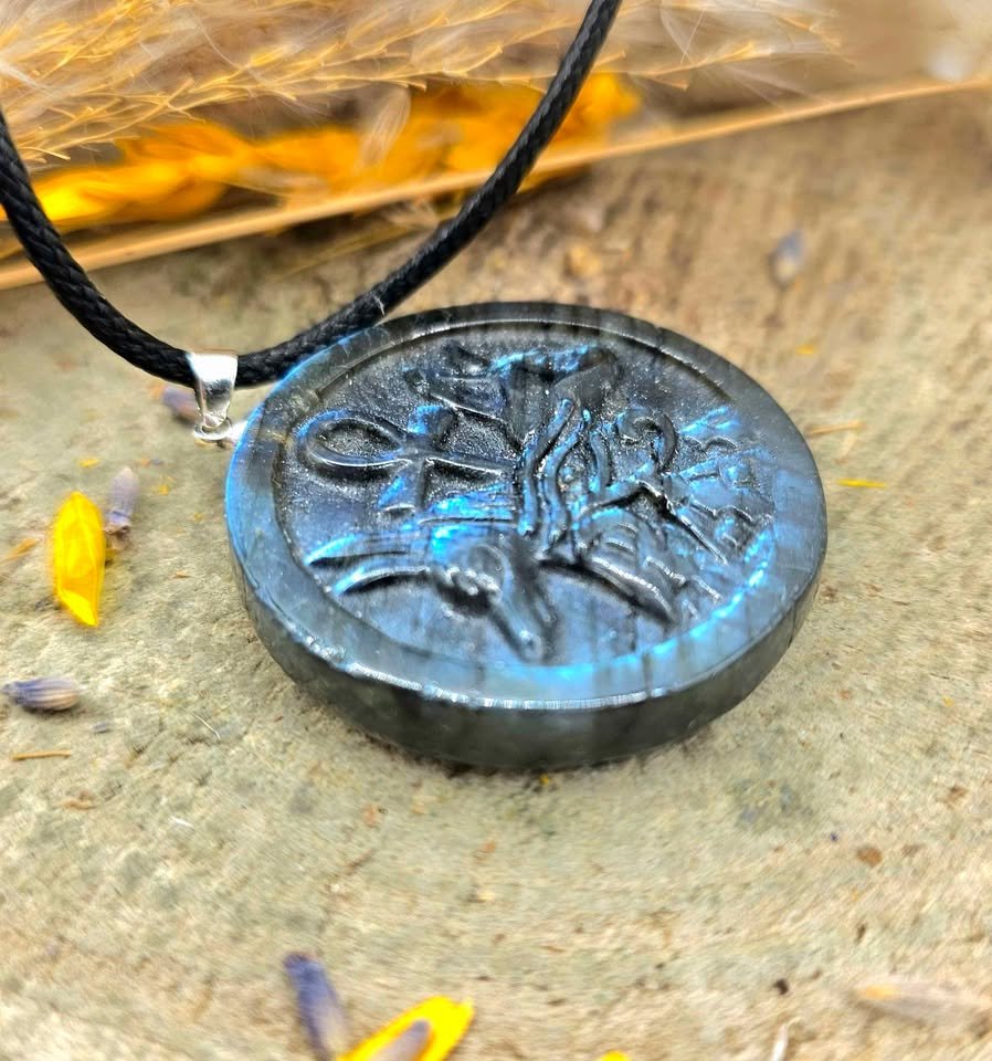 Labradorite carved flashy Egyptian symbols pendant necklace iridescent flash — My Aura Gemstones