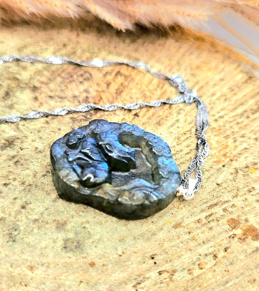 Nature Labradorite Carved Nine Tails Fox Pendant Necklace