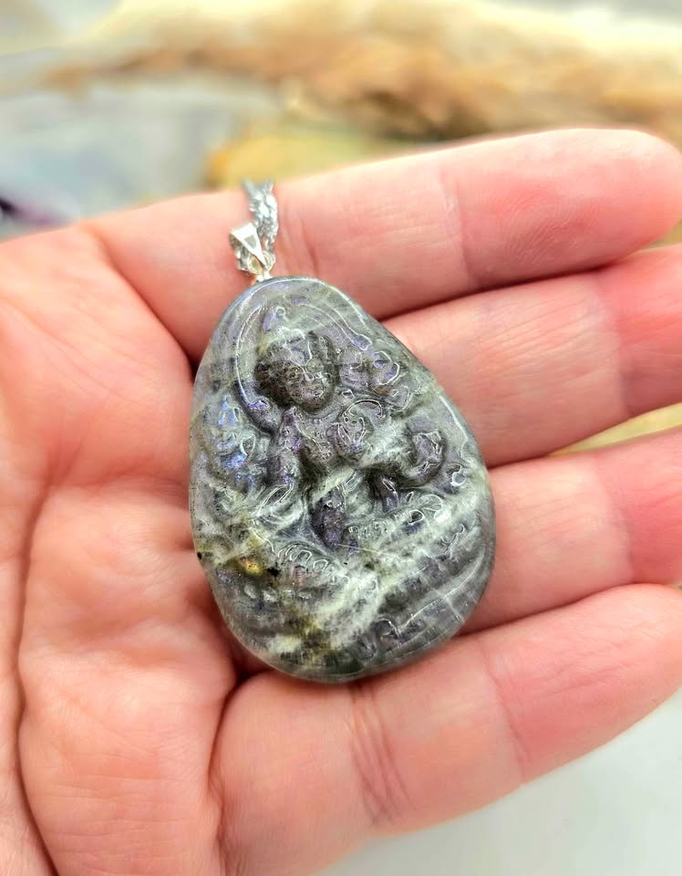 Nature Labradorite Carved Tibetan Buddhism God Pendant Necklace