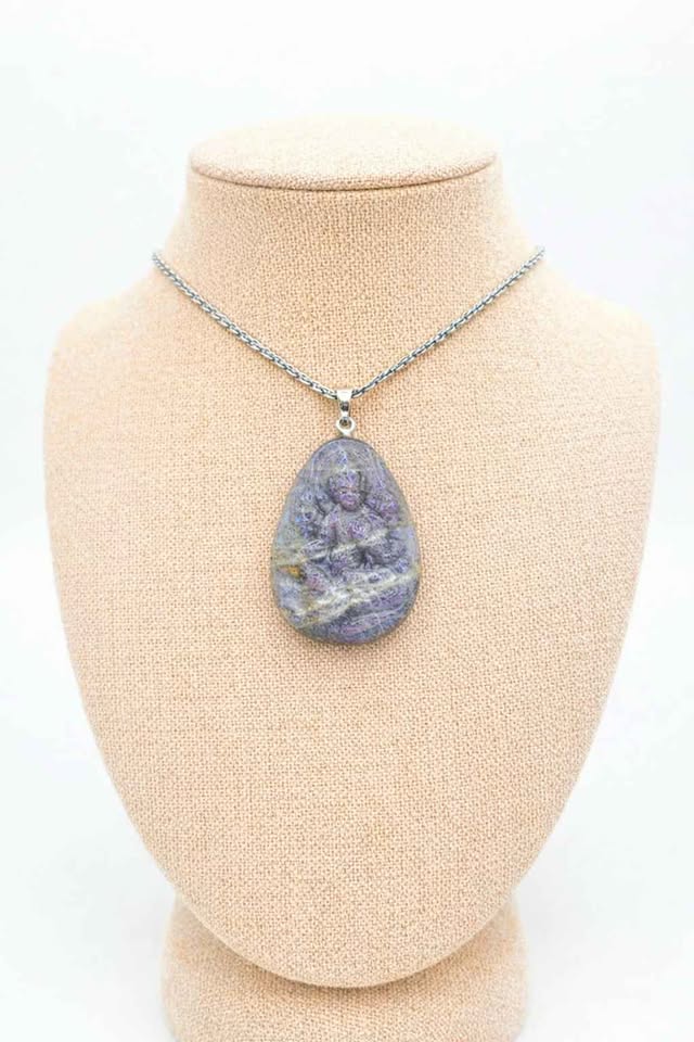 Nature Labradorite Carved Tibetan Buddhism God Pendant Necklace