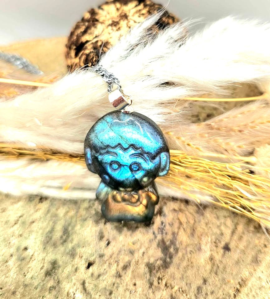 Nature Labradorite Carved Makura Pendant Necklace.