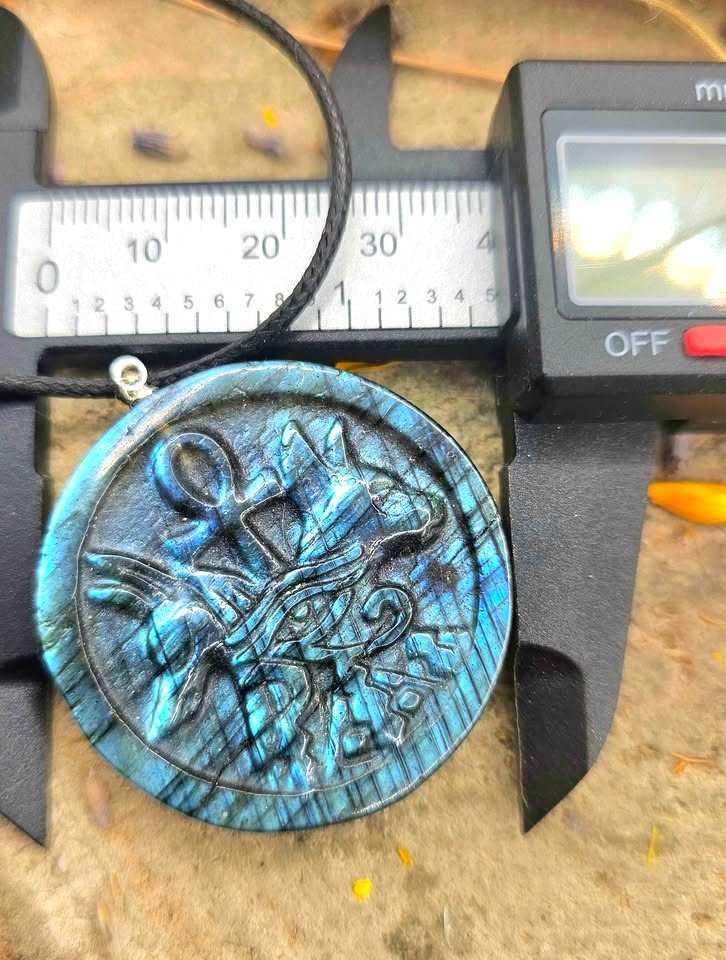 Labradorite carved flashy Egyptian symbols pendant necklace size reference — My Aura Gemstones