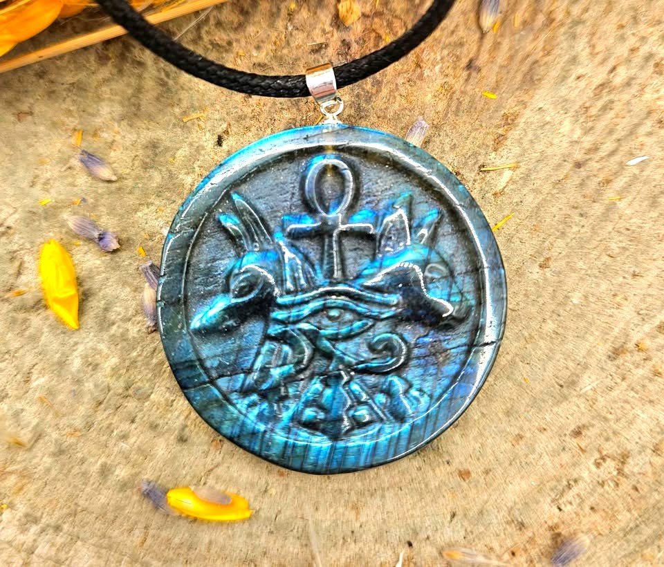 Labradorite carved flashy Egyptian symbols pendant necklace lifestyle view — My Aura Gemstones
