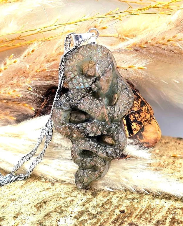 Nature Labradorite Carved Snake Pendant Necklace