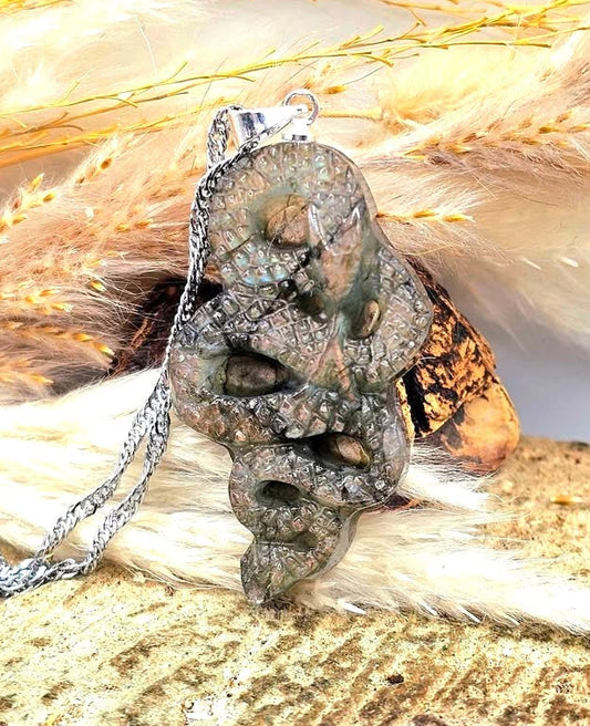 Nature Labradorite Carved Snake Pendant Necklace