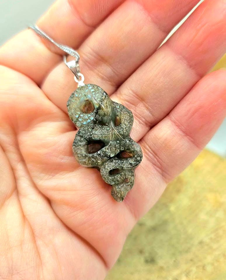 Nature Labradorite Carved Snake Pendant Necklace