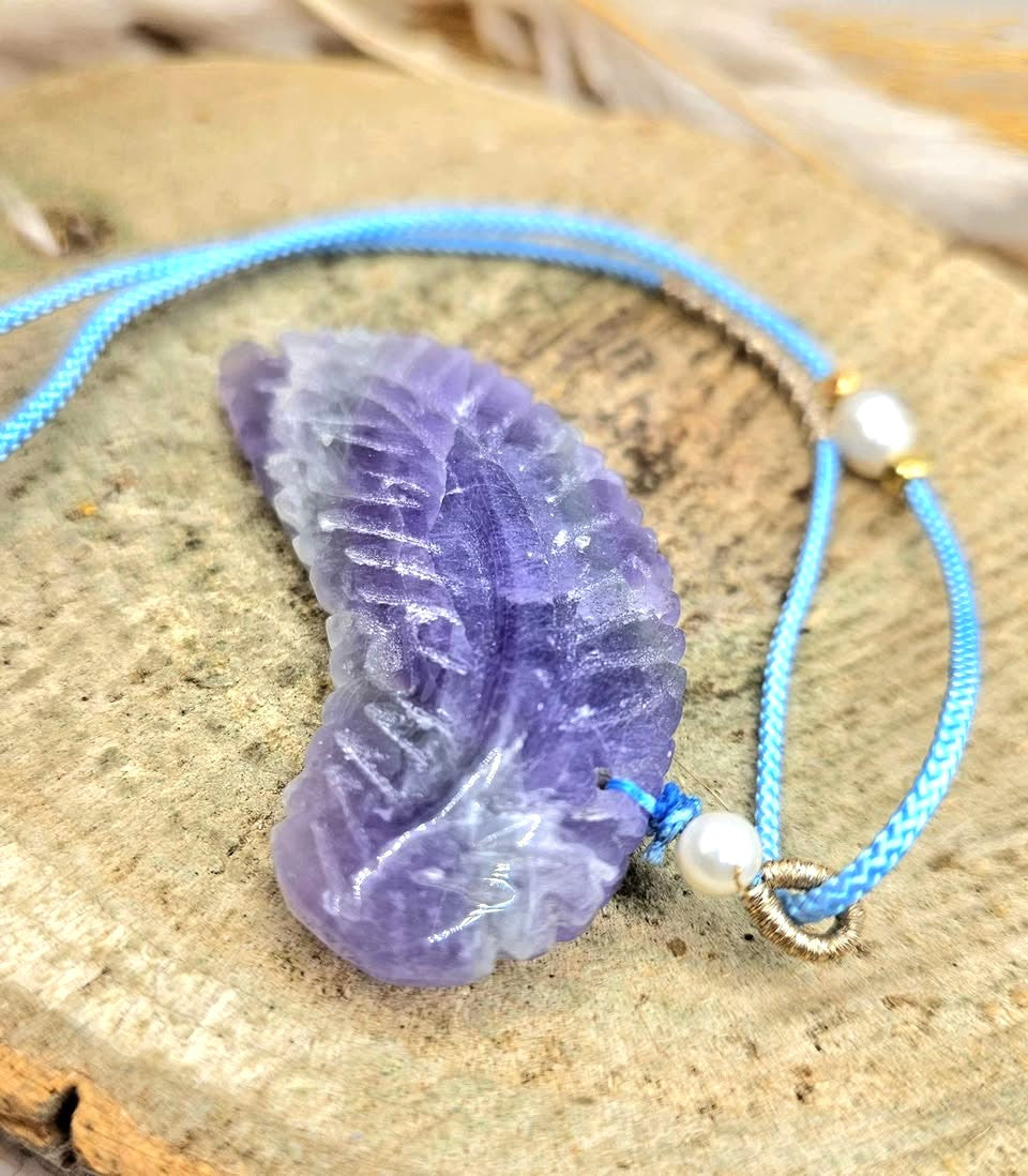 Nature Purple Fluorite Hand Carved Leaf Pendant Necklace