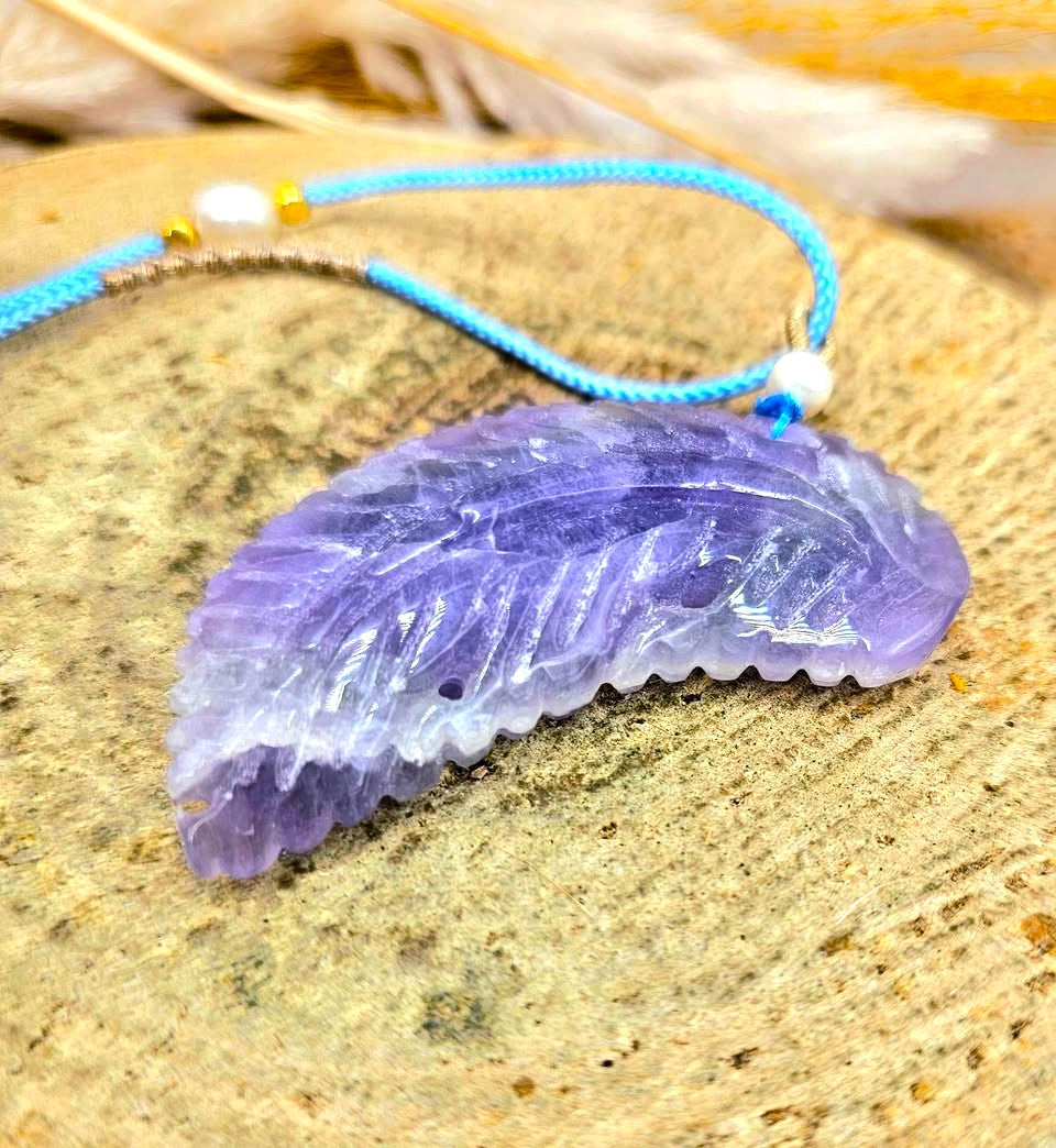 Nature Purple Fluorite Hand Carved Leaf Pendant Necklace