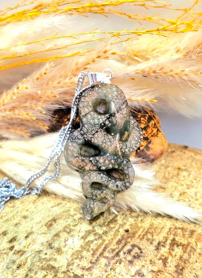 Nature Labradorite Carved Snake Pendant Necklace