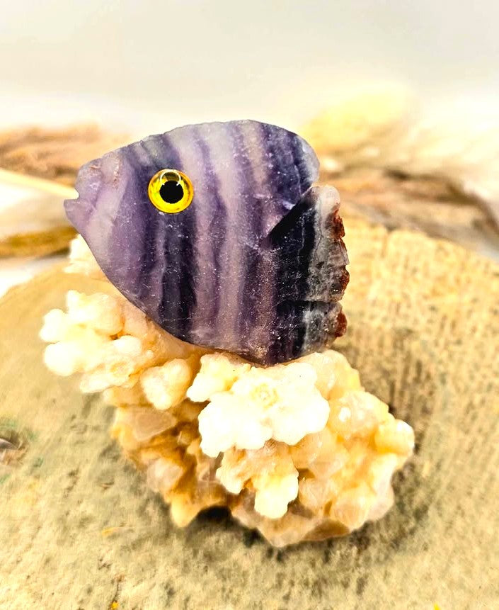 Nature Fluorite Hand Carved Fish With Calcite Stalactite Cluster