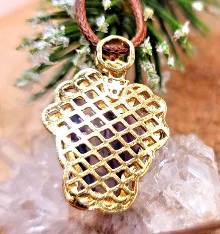Nature Rainbow Fluorite Carved Deer Gold Wrapped Pendant Necklace