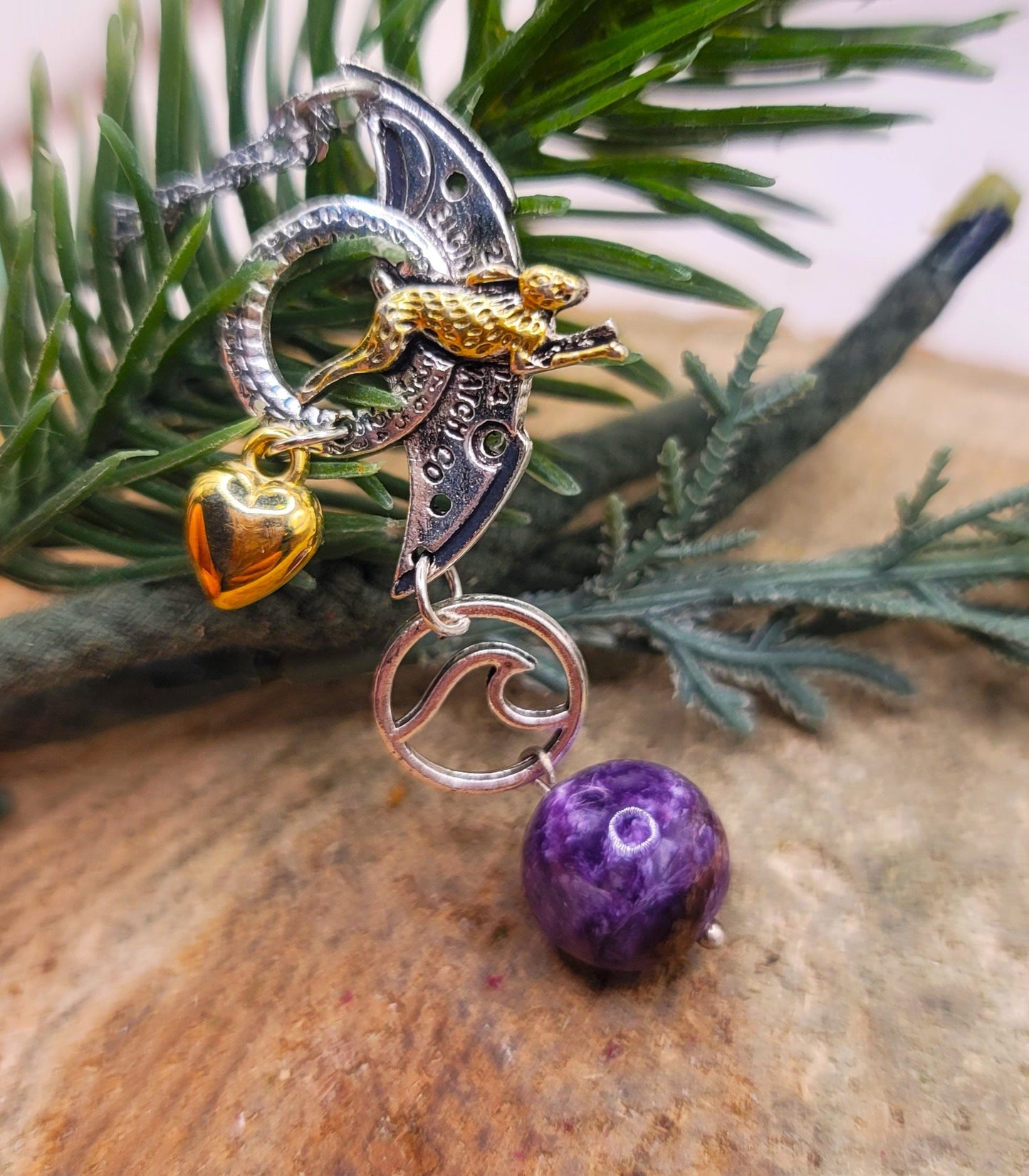Nature Purple Charoite With Flying Rabbit Charm Pendant Necklace