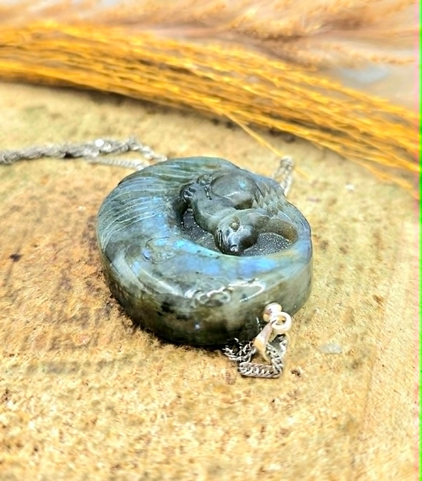 Labradorite nine tails fox and moon pendant detail — My Aura Gemstones