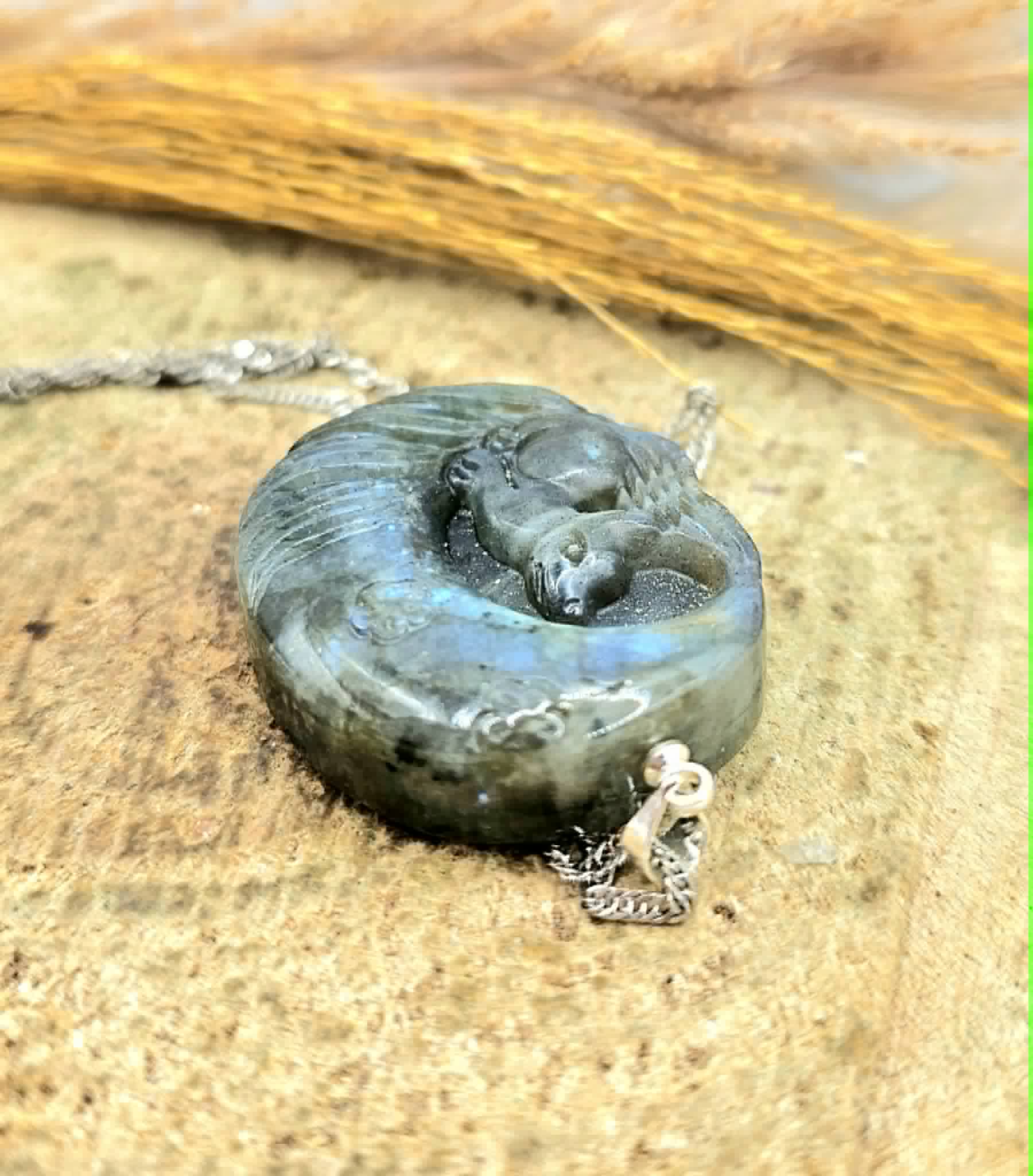 Labradorite nine tails fox and moon pendant detail — My Aura Gemstones