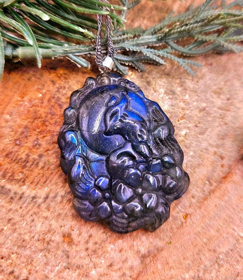 Beautiful Nature Labradorite Nine Tails Fox Cherry Blossom Pendant Necklace