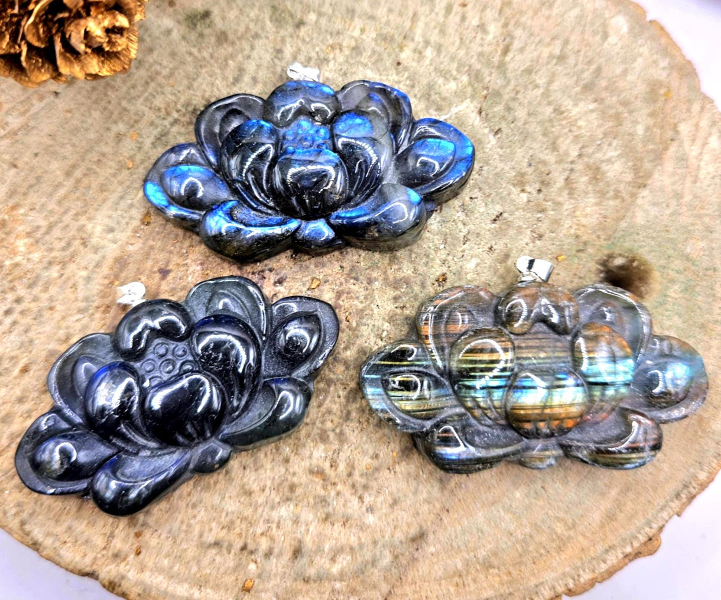 Nature Labradorite Carved Flashy Big Blossom Lotus Pendant Necklace