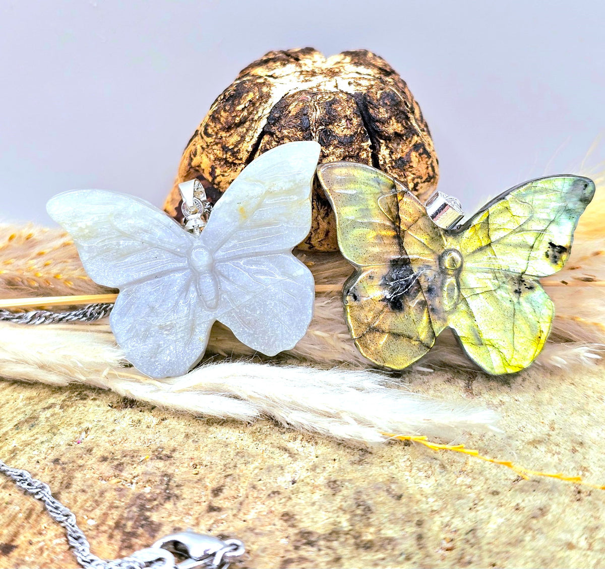 Carved labradorite butterfly pendant necklace with flashy iridescent color — My Aura Gemstones