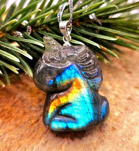 Nature Labradorite Flashy Sleeping Unicorn Pendant Necklace