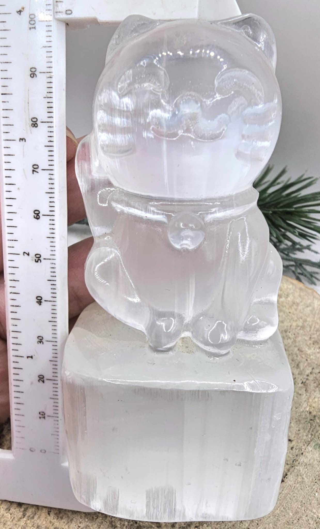 Premium Grade Nature Selenite Hand Carved 4" Fortune Cat Figure