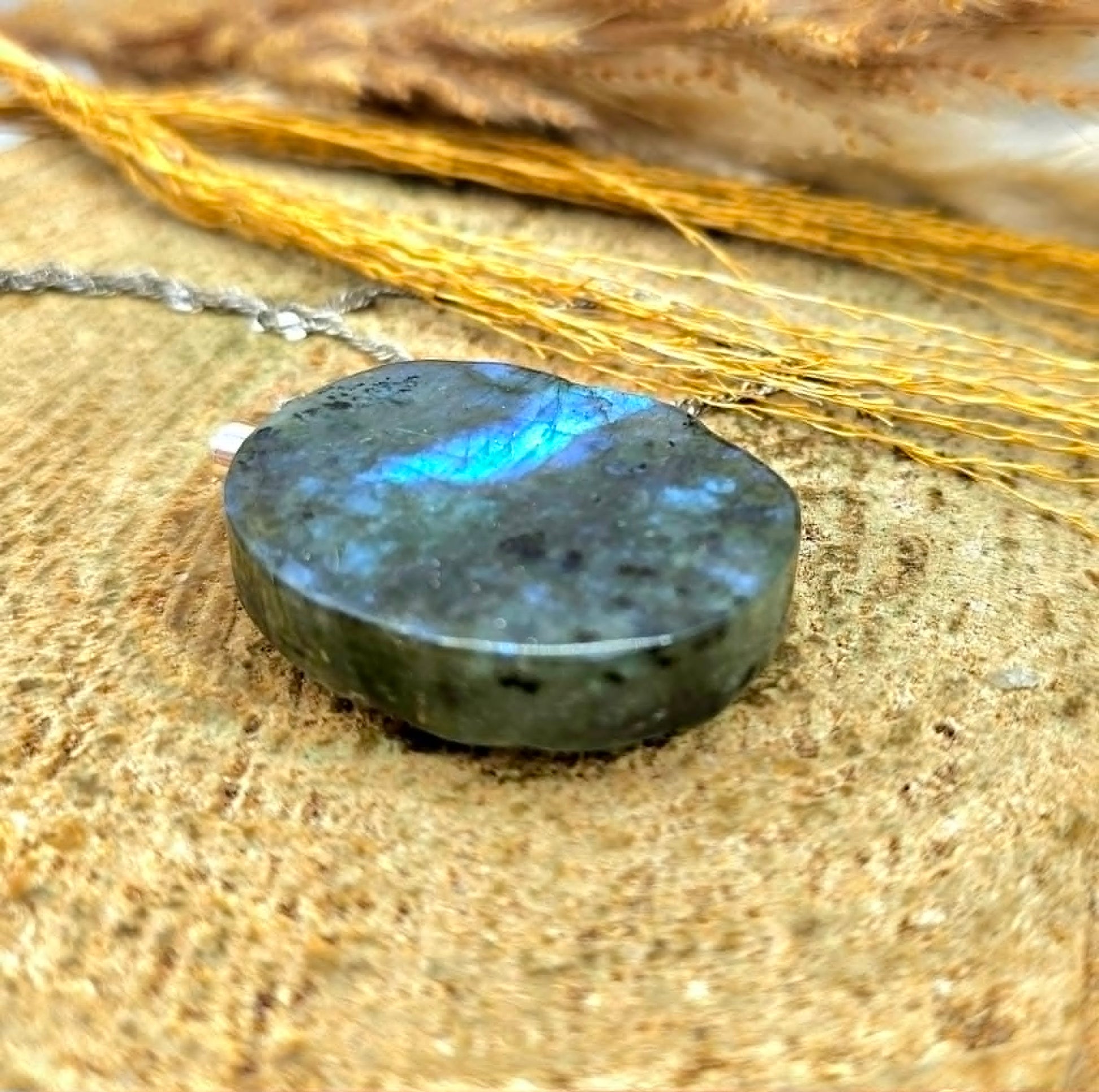 Labradorite nine tails fox and moon pendant necklace worn view — My Aura Gemstones