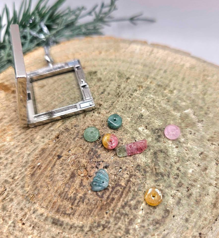 Nature Rainbow Tourmaline Beads Filled Silver Openable Floating Locket Pendant Necklace