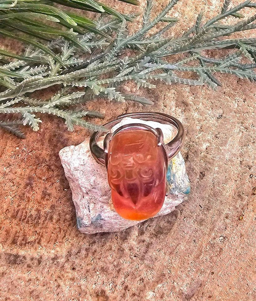 Nature Rainbow Fluorite  Carved Blessing Pi Xiu Adjustable Ring