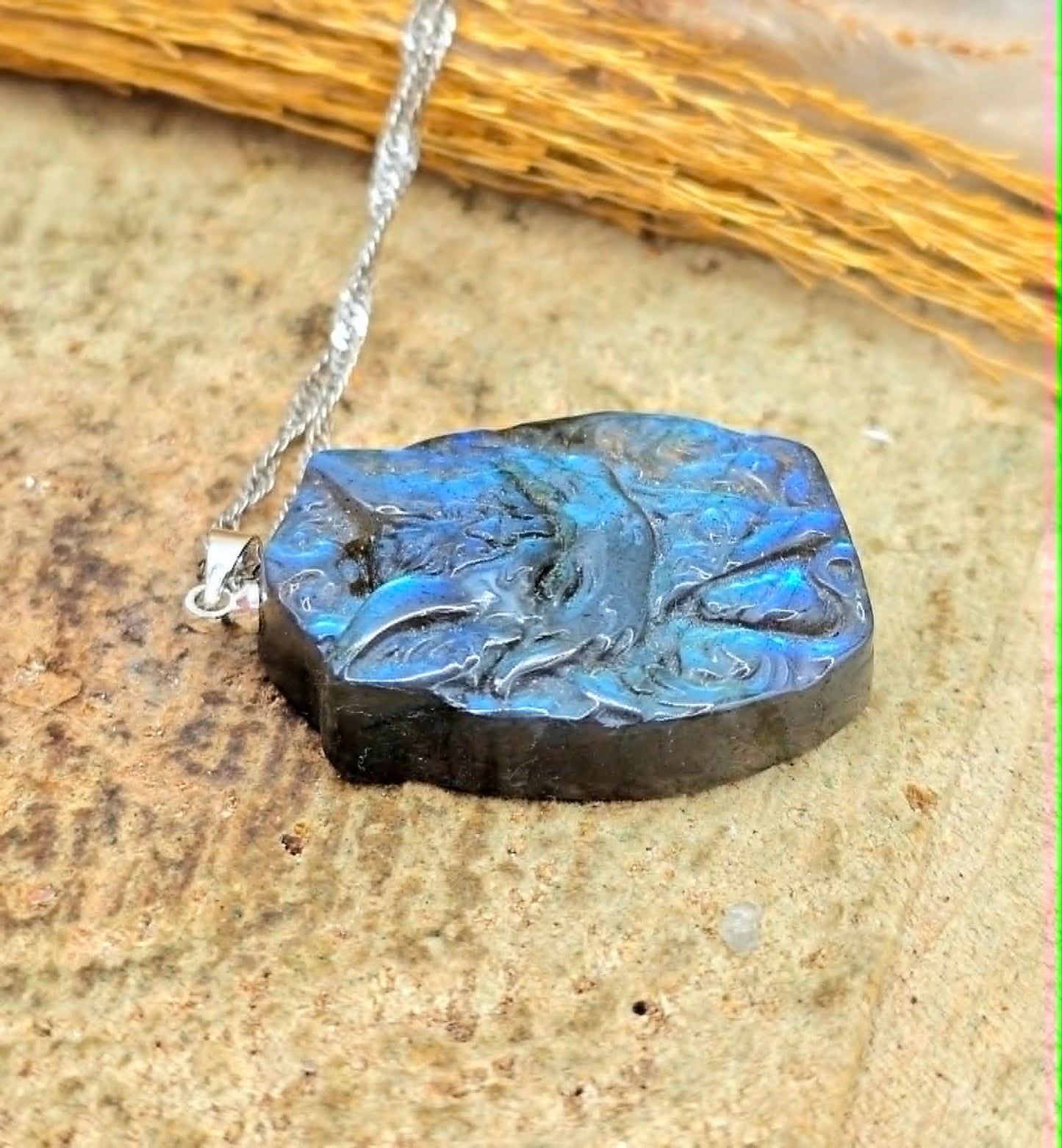 Labradorite carved sitting nine tails fox pendant necklace back view — My Aura Gemstones