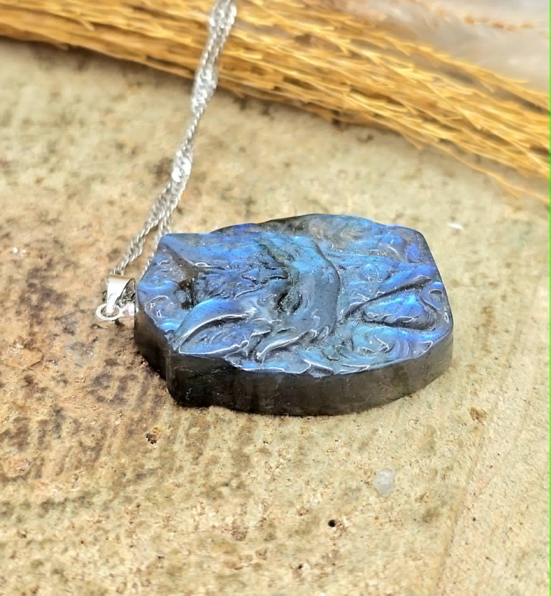 Labradorite carved sitting nine tails fox pendant necklace back view — My Aura Gemstones