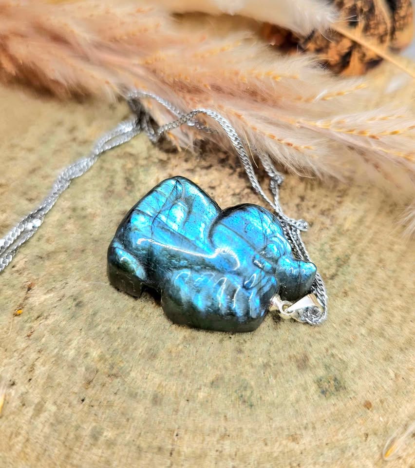 Nature Labradorite Carved Sleep Unicorn Pendant Necklace