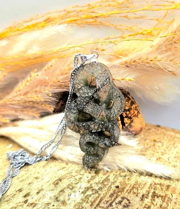 Nature Labradorite Carved Snake Pendant Necklace