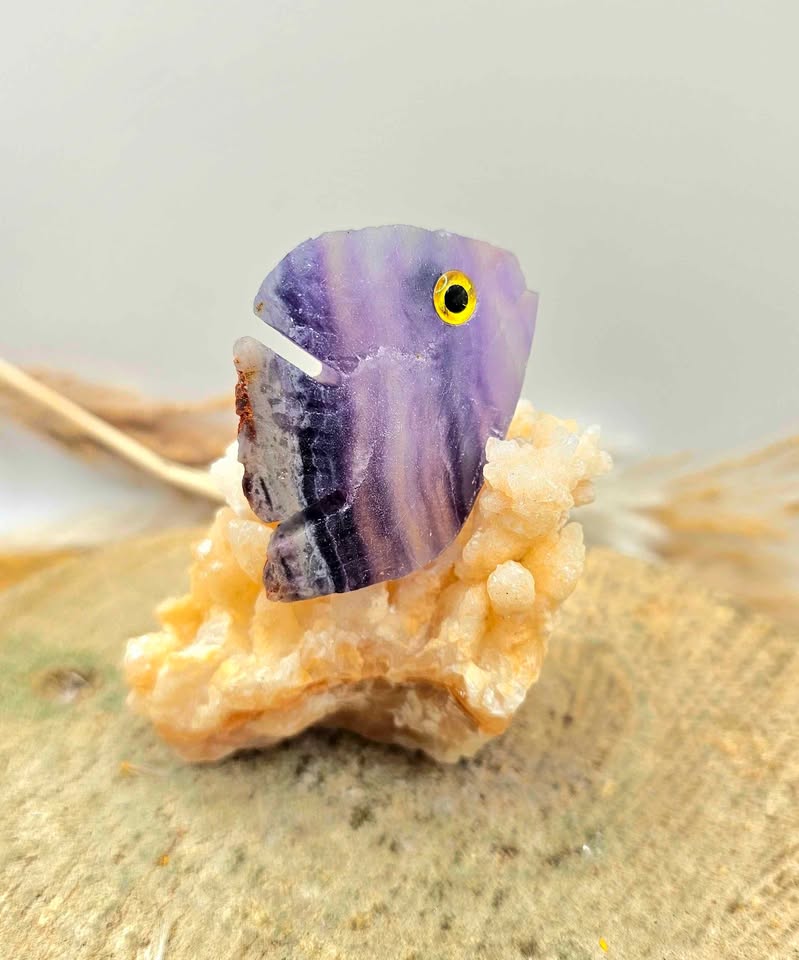 Nature Fluorite Hand Carved Fish With Calcite Stalactite Cluster