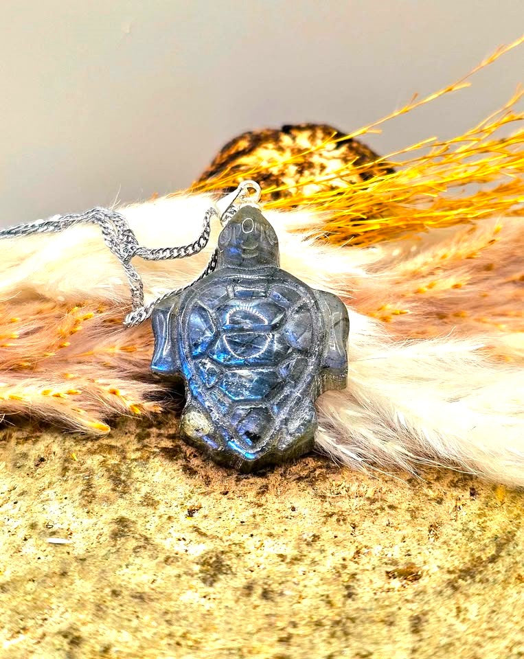 Nature Labradorite Carved Sea Turtle Pendant Necklace