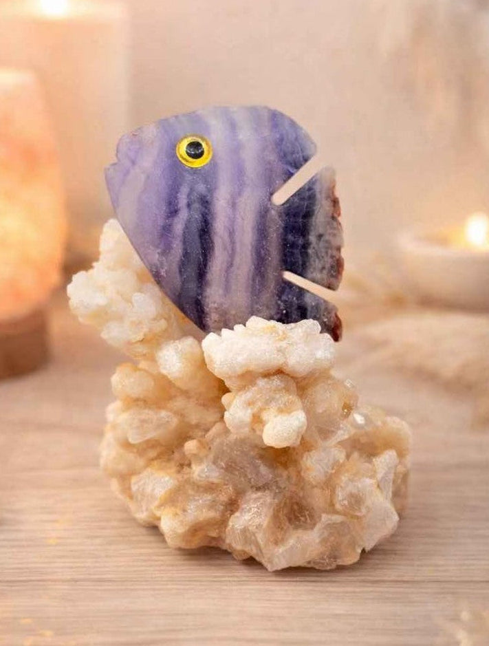 Nature Fluorite Hand Carved Fish With Calcite Stalactite Cluster