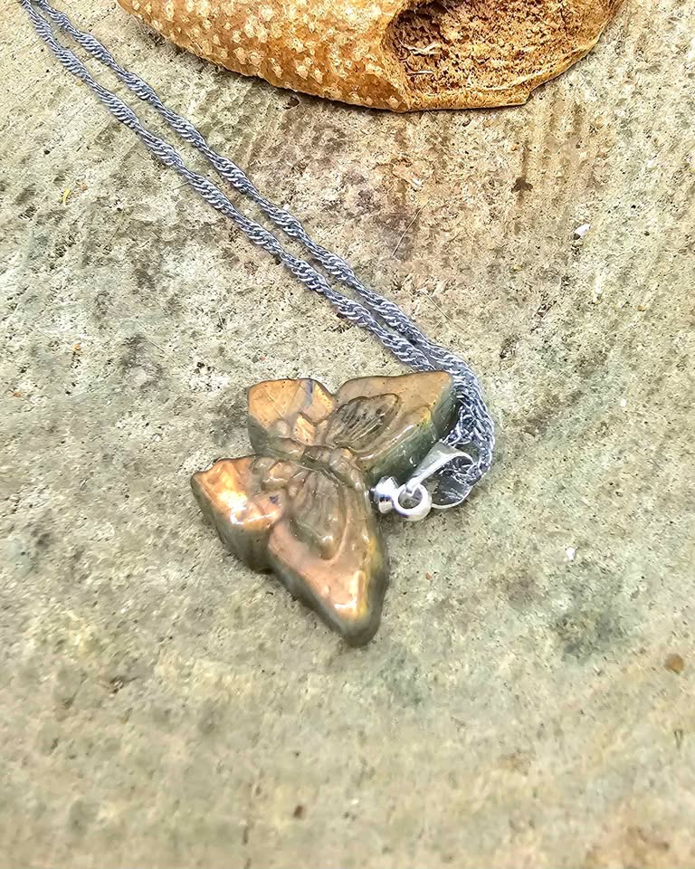 Nature Labradorite Flashy Butterfly Pendant Necklace