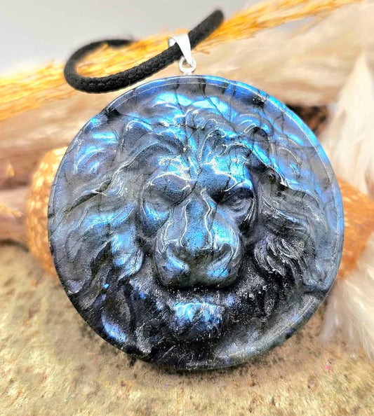 Nature Labradorite Carved Lion Head Pendant Necklace