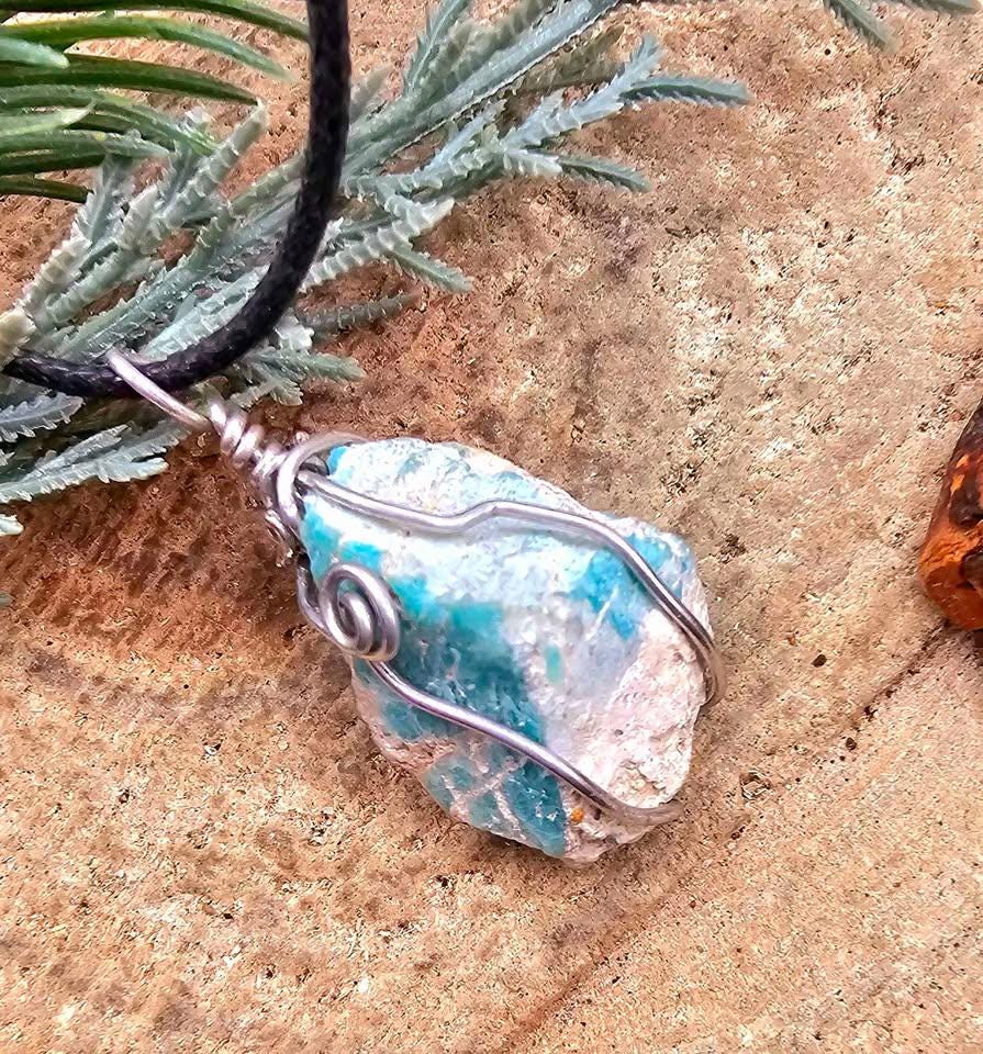 Nature Amazonite Raw Stone Wire Wrapped Pendant Necklace