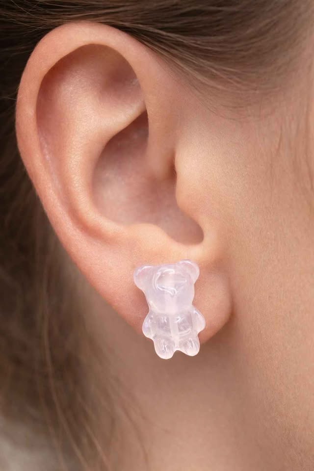 Nature Rose Quartz Carved Bear Ear Stud