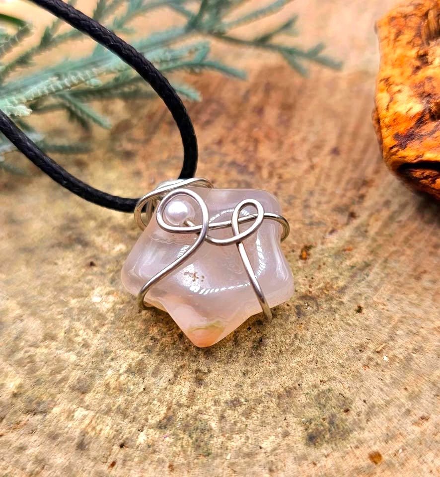 Nature Cherry Blossom Agate Star Wire Wrapped Pendant Necklace