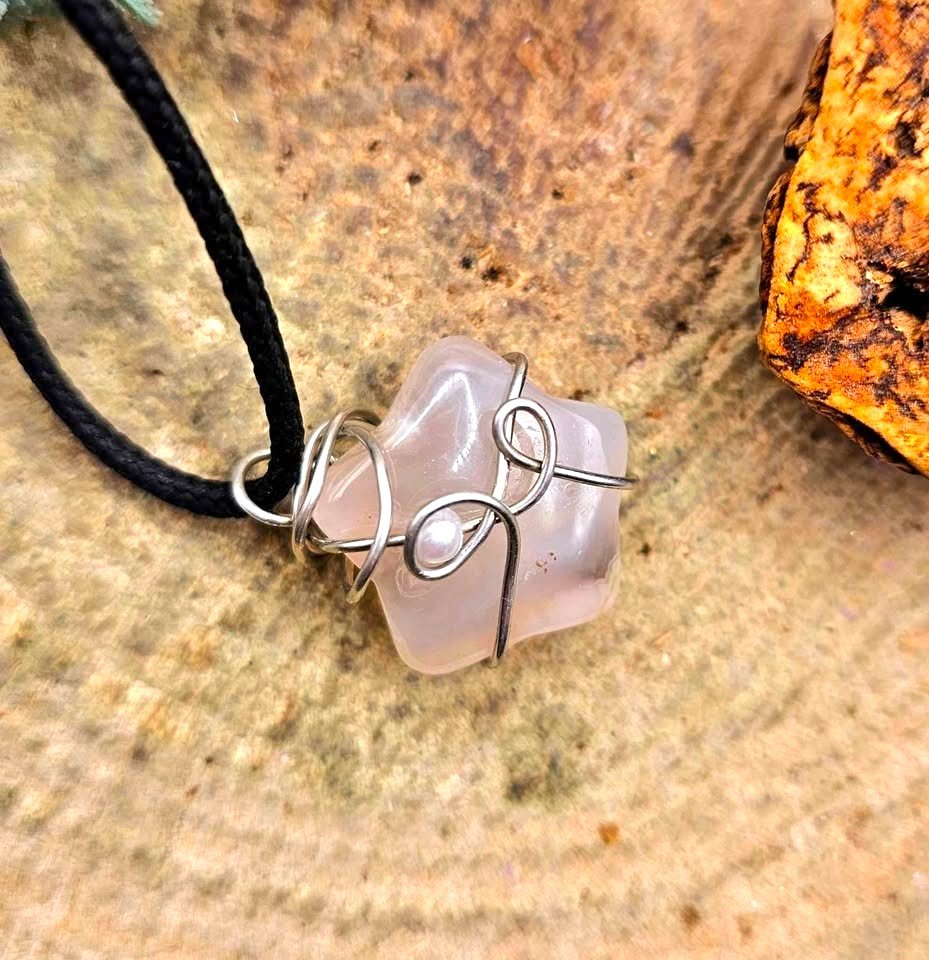 Nature Cherry Blossom Agate Star Wire Wrapped Pendant Necklace