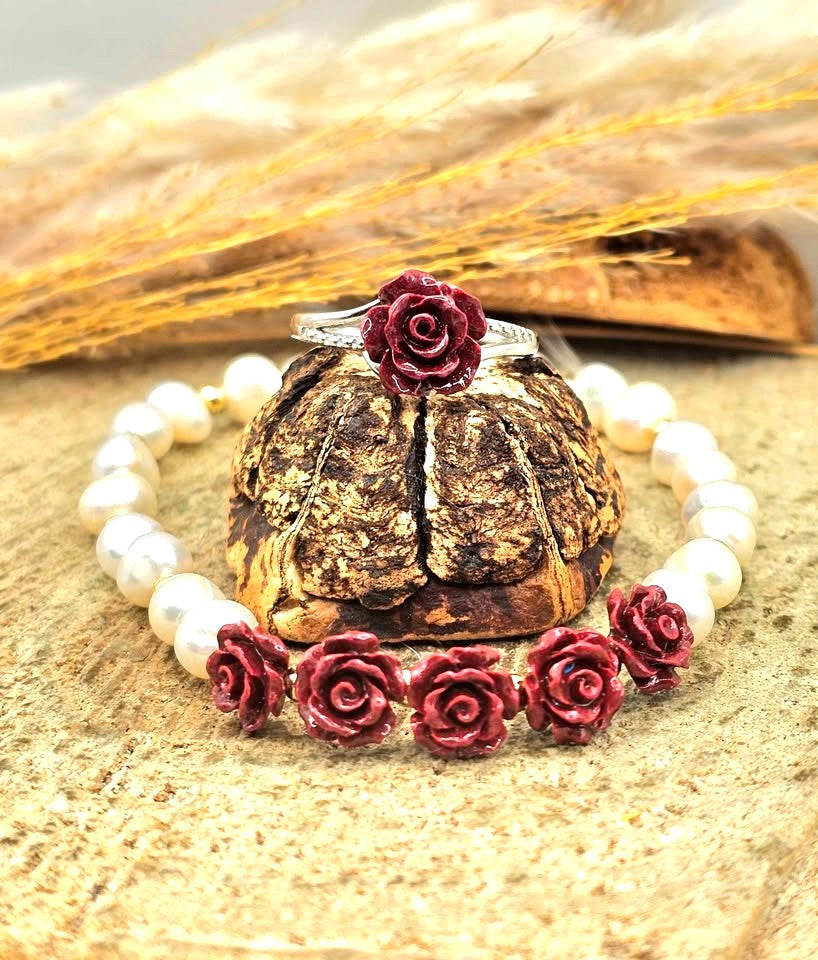 Cinnabar Stone Carved Rose Bracelet And Ring Set