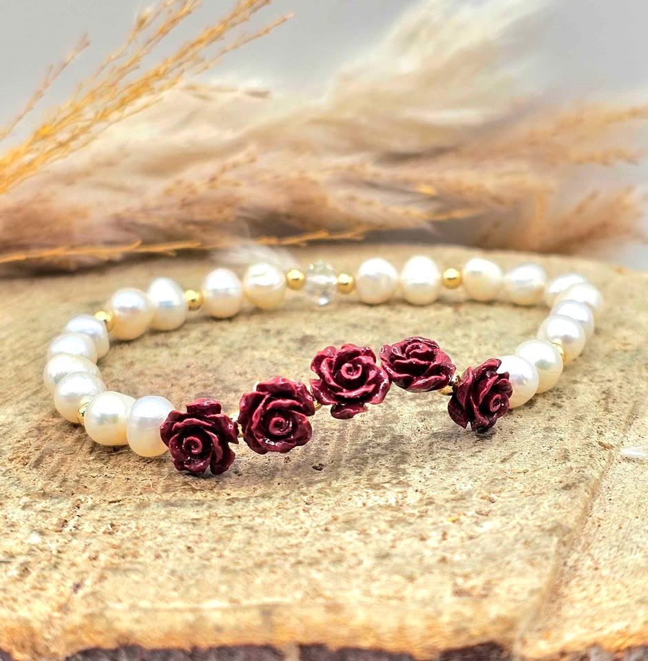 Cinnabar Stone Carved Rose Bracelet And Ring Set