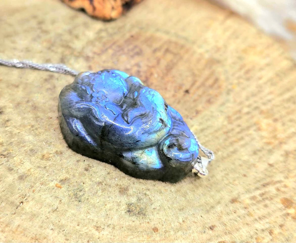 Nature Labradorite Carved Sleeping Nine Tails Fox Pendant Necklace