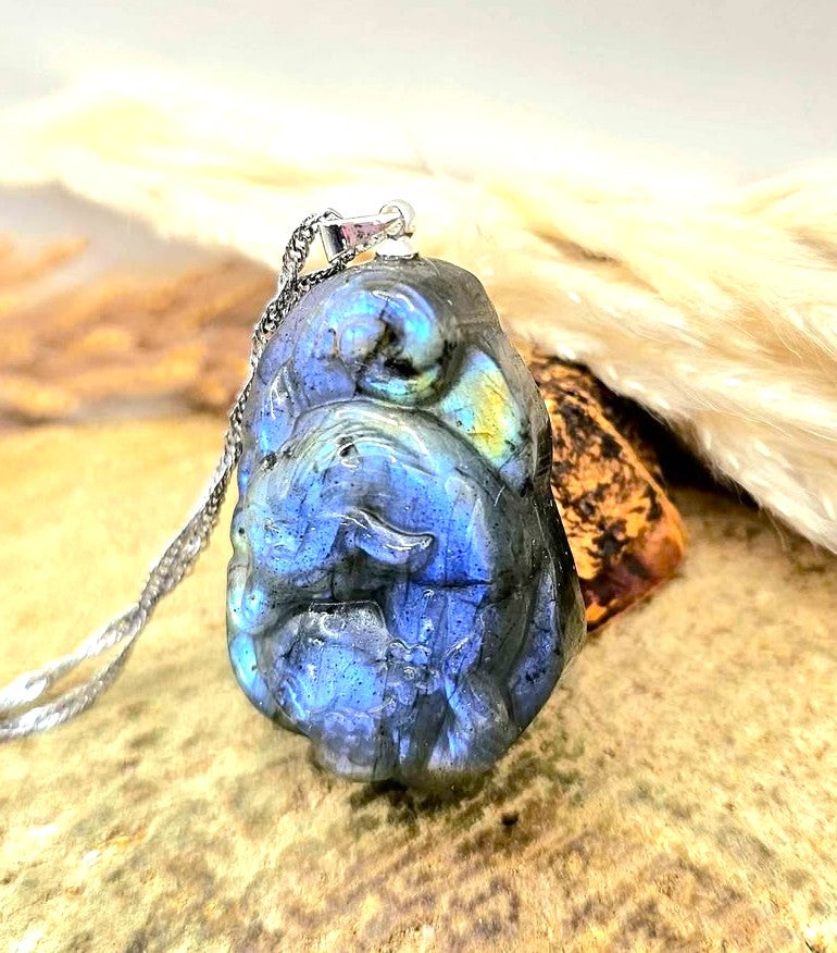 Nature Labradorite Carved Sleeping Nine Tails Fox Pendant Necklace