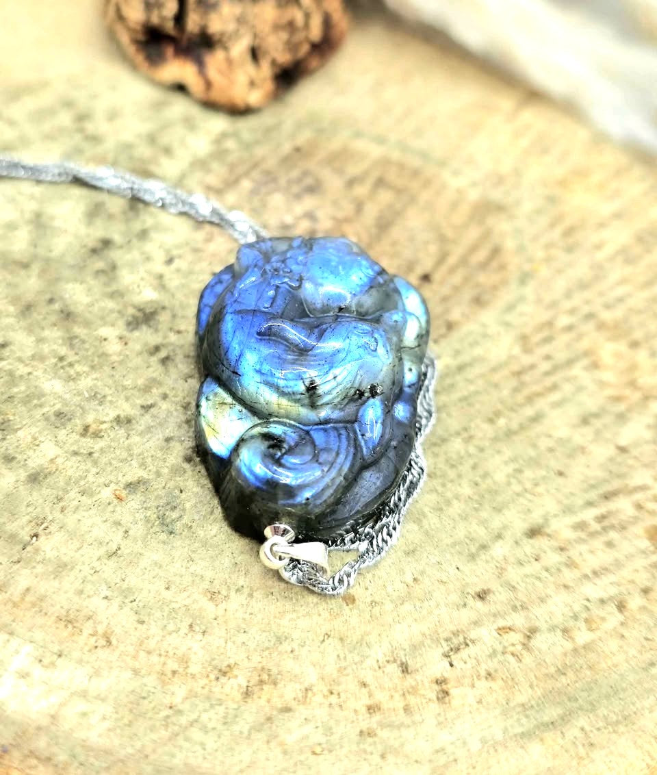 Nature Labradorite Carved Sleeping Nine Tails Fox Pendant Necklace