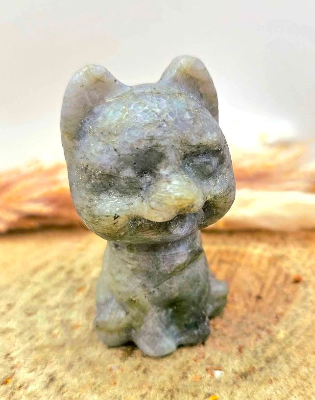 Nature Labradorite Carved Cheerful Dog Figure