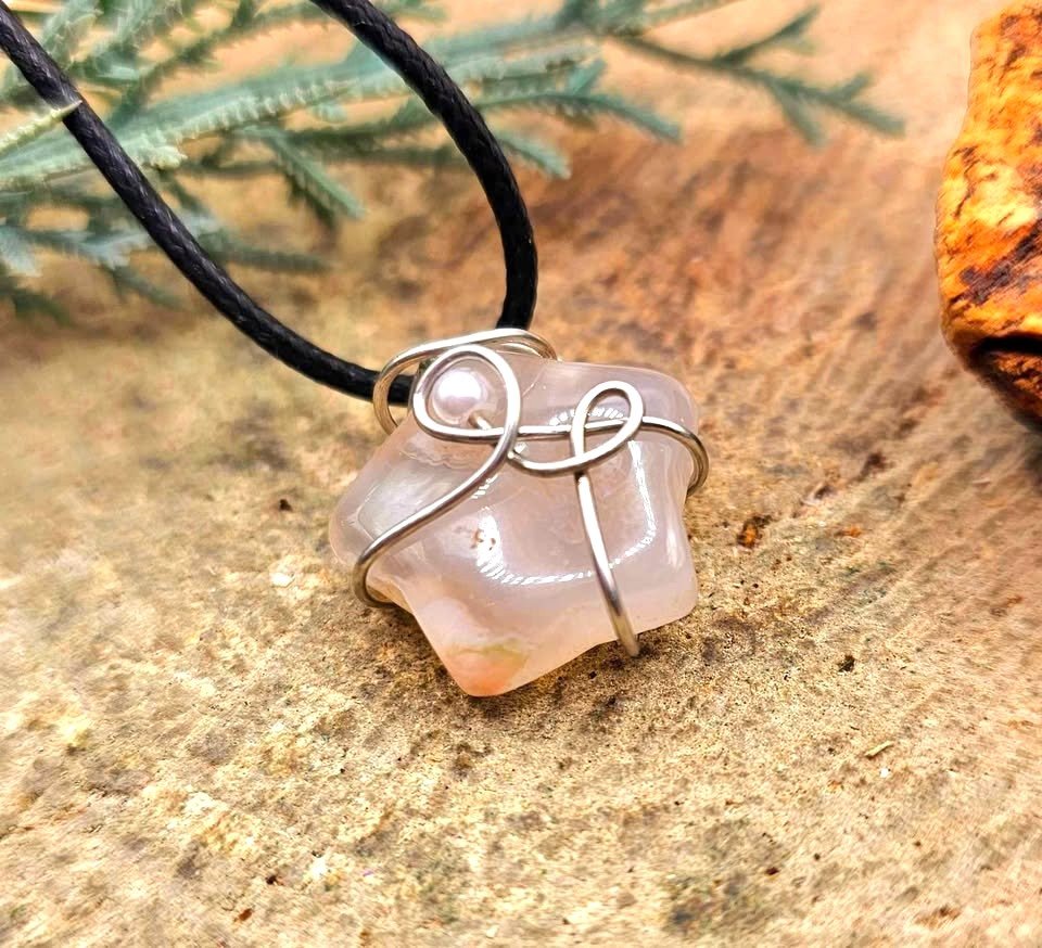 Nature Cherry Blossom Agate Star Wire Wrapped Pendant Necklace