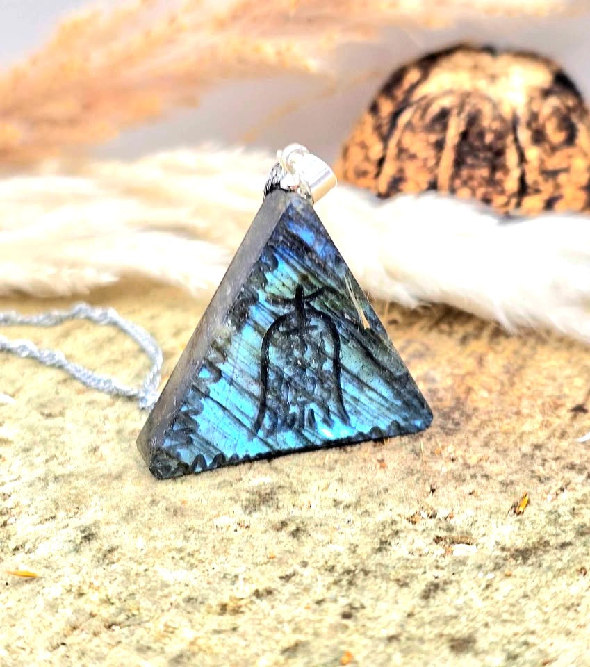 Nature Labradorite Oriental Talisman Symbol Pendant Necklace