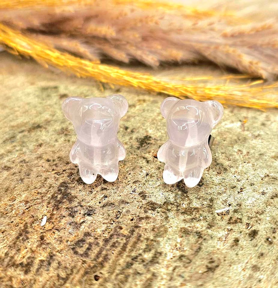 Nature Rose Quartz Carved Bear Ear Stud