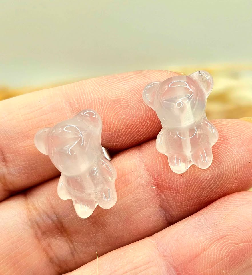 Nature Rose Quartz Carved Bear Ear Stud