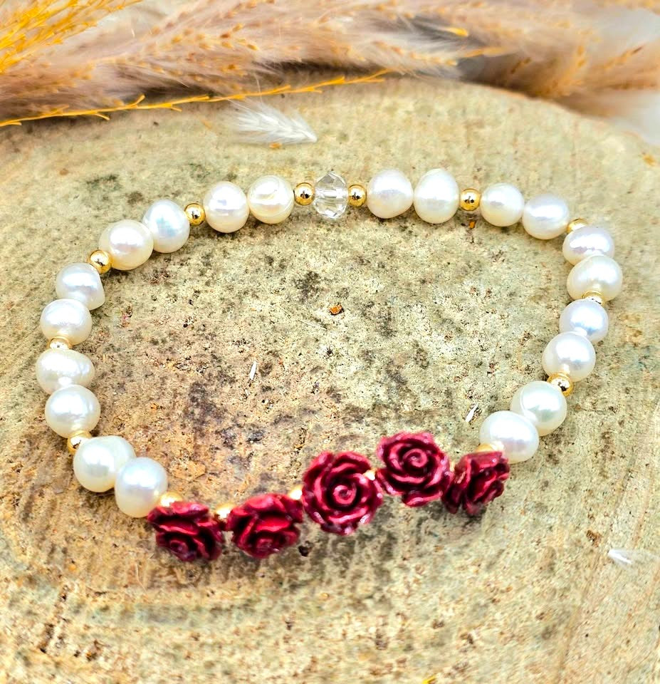 Cinnabar Stone Carved Rose Bracelet And Ring Set